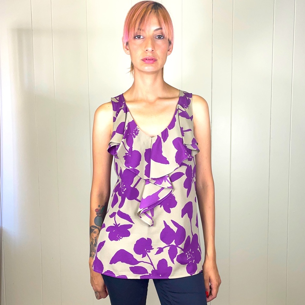 Loft Ruffle Front Sleeveless Floral Print Top Sz M Purple And Beige Anne Taylor